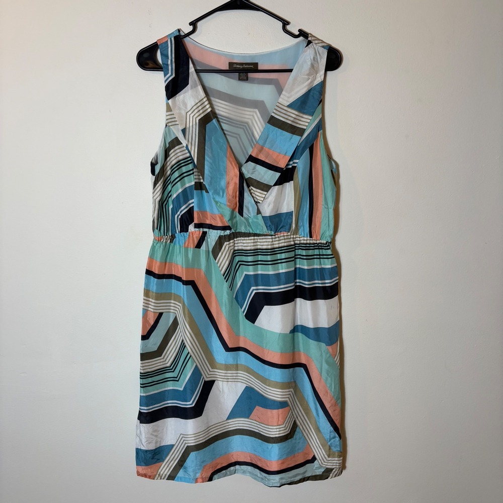 Tommy Bahama Silk Dress Large Sleeveless Geometric Print Teal Peach